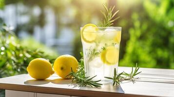 Summer refreshing cold summer lemonade drink or alcoholic cocktail with ice. photo