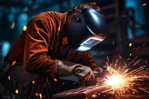 A man welder in brown uniform, welding mask, weld metal construction site. photo
