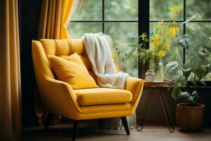 amarillo ala silla y café mesa cerca beige grunge estuco pared. interior diseño de moderno vivo habitación. ai generado foto