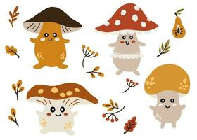 Mushrooms characters. Funny anthropomorphic fungi. Cartoon edible and poisonous forest organisms with faces and hands. Autumn leaves and berries. Vector woodland