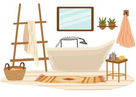 Bathroom interior. Bath, towel on a hanger, table with candles and soap, carpet, wicker basket with laundry, houseplant. Flat vector illustration isolated on white background