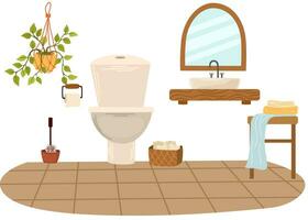 Bathroom interior. Toilet, sink, mirror, houseplant, laundry basket, chair with towels. Flat vector illustration isolated on white background