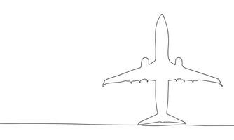 Airplane. One line continuous concept travel banner. Line art, outline, silhouette, vector illustration.