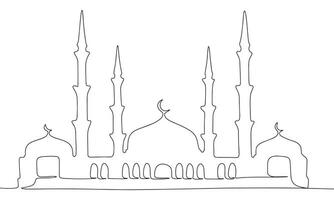 One line continuous mosque. Line art of Islam concept banner. Outline vector illustration.