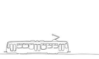 Silhouette of retro tram. One line continuous concept banner with city transport. Outline, line art, vector illustration.