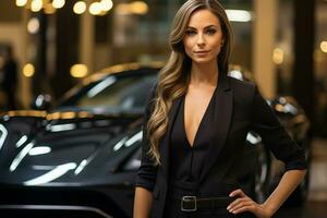 A woman in a suit stands next to a supercar . AI Generated photo