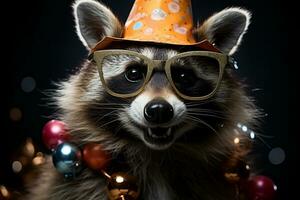 Funny party raccoon wearing colorful summer hat and stylish sunglasses. AI Generated photo