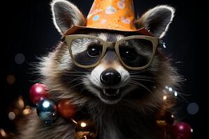 Funny party raccoon wearing colorful summer hat and stylish sunglasses. photo