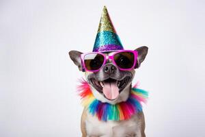 Funny party dog wearing colorful summer hat and stylish sunglasses. white background. AI Generated photo