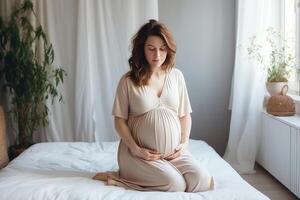 Young healthy pregnant woman doing yoga exercises and meditating at home. photo