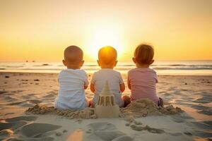 3 babies sit and play sand at the beach, back view, early in the morning, sunrise. AI Generated photo