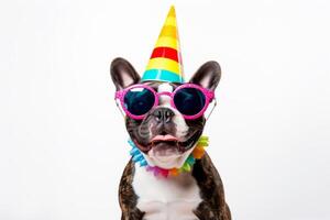 Funny party dog wearing colorful summer hat and stylish sunglasses. white background. photo