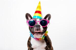 Funny party dog wearing colorful summer hat and stylish sunglasses. white background. AI Generated photo