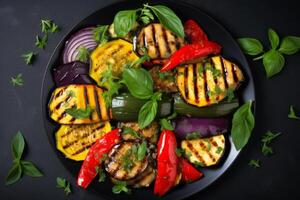Grilled vegetables colorful bell pepper a plate over dark slate, stone background. photo