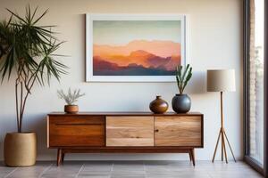 Wooden chest of drawers against white wall with art poster frame. photo