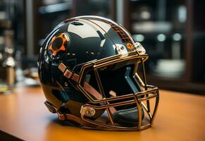 a football helmet sitting on a table. AI Generated photo