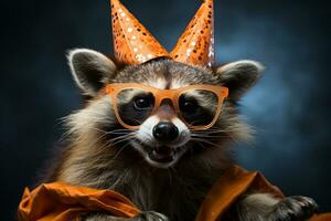Funny party raccoon wearing colorful summer hat and stylish sunglasses. AI Generated photo