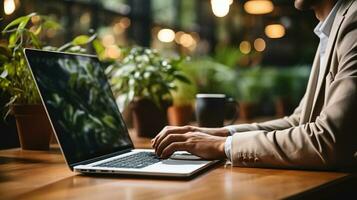 Young man using laptop computer with blank empty mockup screen. Business man working at home. Freelance, student lifestyle, e-learning. AI Generated photo
