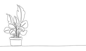 One line continuous house plant. Line art of plant in pot concept banner. Outline vector illustration.