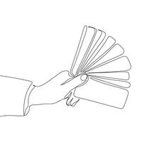 One line continuous human hand with cards. Line art of hand with money concept banner. Outline vector illustration.