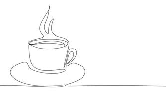 One line continuous cup of tea or coffee. Line art of cup of coffee concept banner. Outline vector illustration.