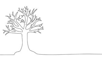 Dead tree. One line continuous concept nature banner. Line art, outline, silhouette, vector illustration.