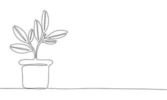 Plant in pot. One line continuous concept interior banner. Line art, outline, silhouette, vector illustration.