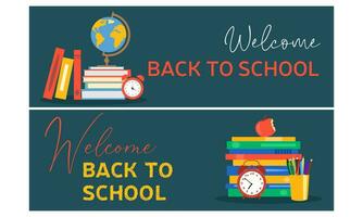 Set of horizontal banner Welcome back to school on dark background. School supplies. Vector illustration.