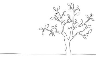 One line continuous tree with leaves. Line art of spring concept banner. Outline vector illustration.