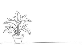 One line continuous house plant. Line art of plant in pot concept banner. Outline vector illustration.