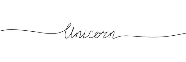 Word Unicorn in line art style. One line continuous handwriting text. Horizontal banner. Vector illustration.