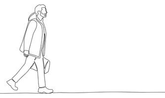 Man is going one line continuous. Line art concept man banner. Outline vector illustration.