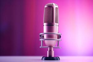 Professional microphone with pink purple background banner, Podcast or recording studio. photo