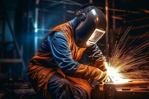 un hombre soldador en marrón uniforme, soldadura mascarilla, soldar metal construcción sitio. ai generado foto