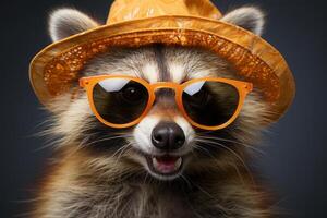 Funny party raccoon wearing colorful summer hat and stylish sunglasses. photo