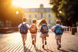 Elementary school kids from behind with backpacks running. AI Generated photo