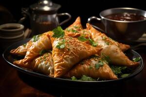 Keema Samosa   Crispy pastry pockets filled with a spiced minced meat mixture. AI Generated photo