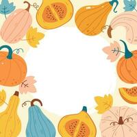 Autumn frame with pumpkin of various shapes and colors. Halloween clip art, autumn design elements. Perfect graphic for Thanksgiving day, Halloween, greeting cards, posters. Vector illustration