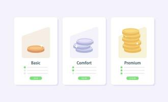 precio servicios, precios mesa para servicios orden con botones, Tres opciones, establecer tarifas plan para sitio web, interfaz de usuario interfaz para el sitio vector