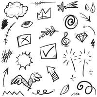 Vector set of hand-drawn cartoony expression sign doodle, curve directional arrows, emoticon effects design elements, cartoon character emotion symbols, cute decorative brush stroke lines.