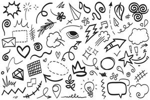 Conjunto de vectores de doodle de signo de expresión de dibujos animados dibujados a mano, flechas direccionales de curva, elementos de diseño de efectos de emoticonos, símbolos de emoción de personaje de dibujos animados, lindas líneas de trazo de pincel decorativo.