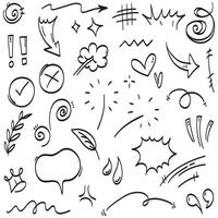 Conjunto de vectores de doodle de signo de expresión de dibujos animados dibujados a mano, flechas direccionales de curva, elementos de diseño de efectos de emoticonos, símbolos de emoción de personaje de dibujos animados, lindas líneas de trazo de pincel decorativo.