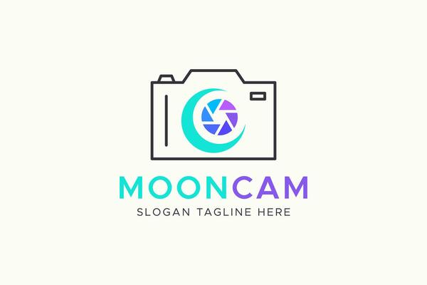 Camera Logo Photography Dream Concept with Lens and Crescent Shape Sign Symbol