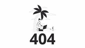 Tropical laptop lifestyle black and white error 404 animation. Travel while working error message gif, motion graphic. Guy with laptop in nature animated character linear 4K video isolated on white