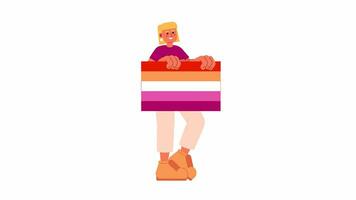 Millennial woman lesbian celebrating pride parade 2D character animation. June festival LGBTQ flat cartoon 4K video, transparent alpha channel. Prideful female animated person on white background video