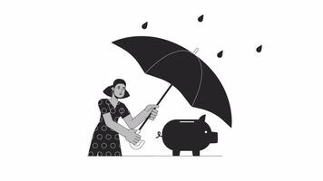 Black lady securing account piggy bank under umbrella bw outline 2D animation. Woman with piggybank 4K video motion graphic. Safety monochrome linear animated cartoon flat concept, white background