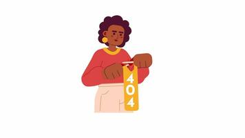 africano americano mujer tejido de punto 404 error animación. artesanía error mensaje gif, movimiento gráfico. dama elaboración con tejido de punto agujas animado personaje dibujos animados 4k vídeo aislado en blanco antecedentes video