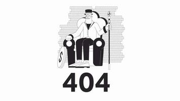 Capitalism finances black and white error 404 animation. Capital investment error message gif, motion graphic. Top hat capitalist growing wealth animated character linear 4K video isolated on white