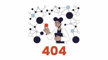 Molecule scientist in lab 404 error animation. Error message gif, motion graphic. African american researcher touching molecule animated cartoon line character 4K video isolated on white background