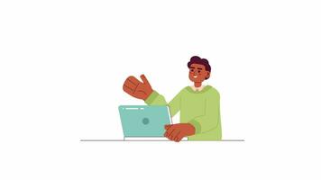 Handsome college boy on laptop 2D character animation. Black male working at computer flat cartoon 4K video, transparent alpha channel. Young man studying library animated person on white background video